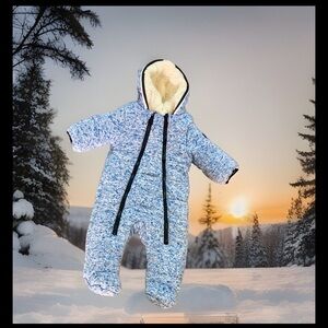 Baby BEN SHERMAN blue knit snowsuit bunting fleece lined Size 3 - 6 EUC
